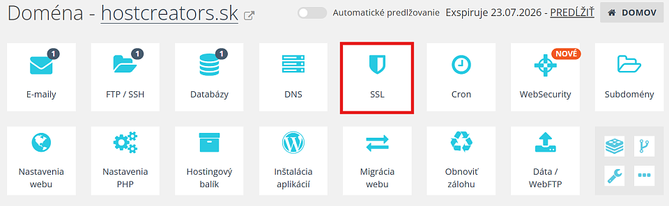 Zobrazenie a zmena nastavení SSL Vašej domény
