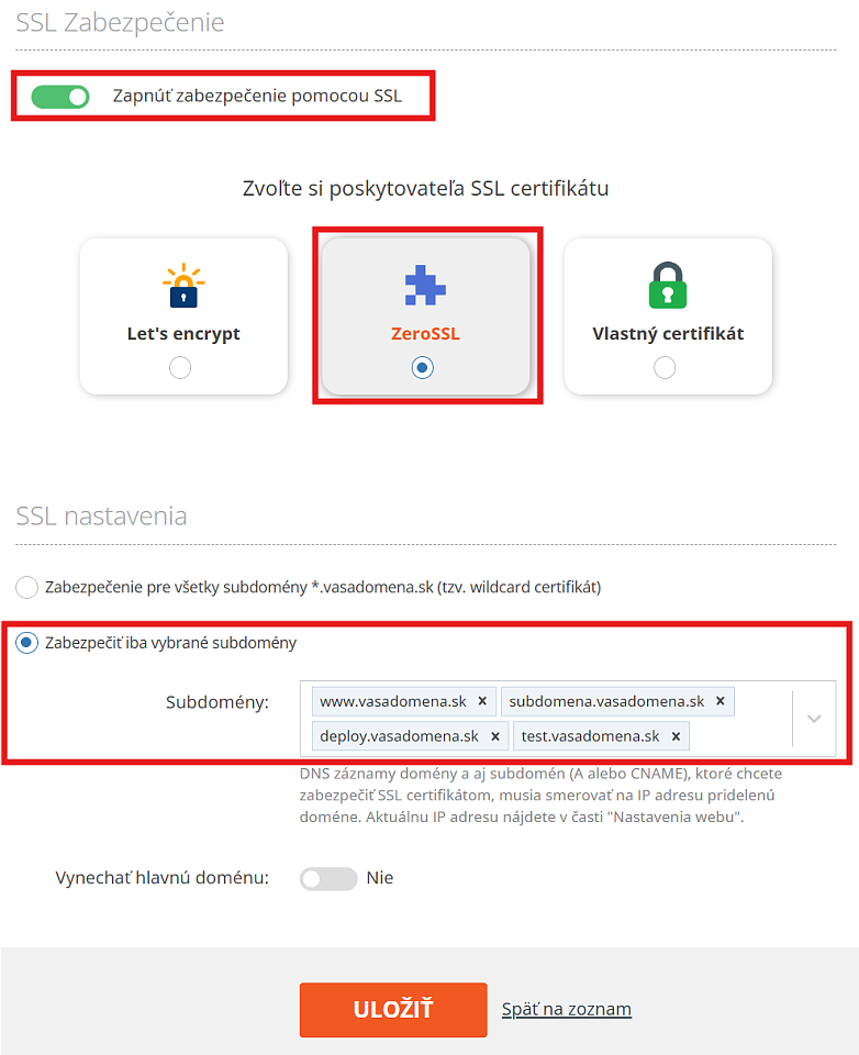Automatický SSL certifikát ZeroSSL pre vybrané subdomény