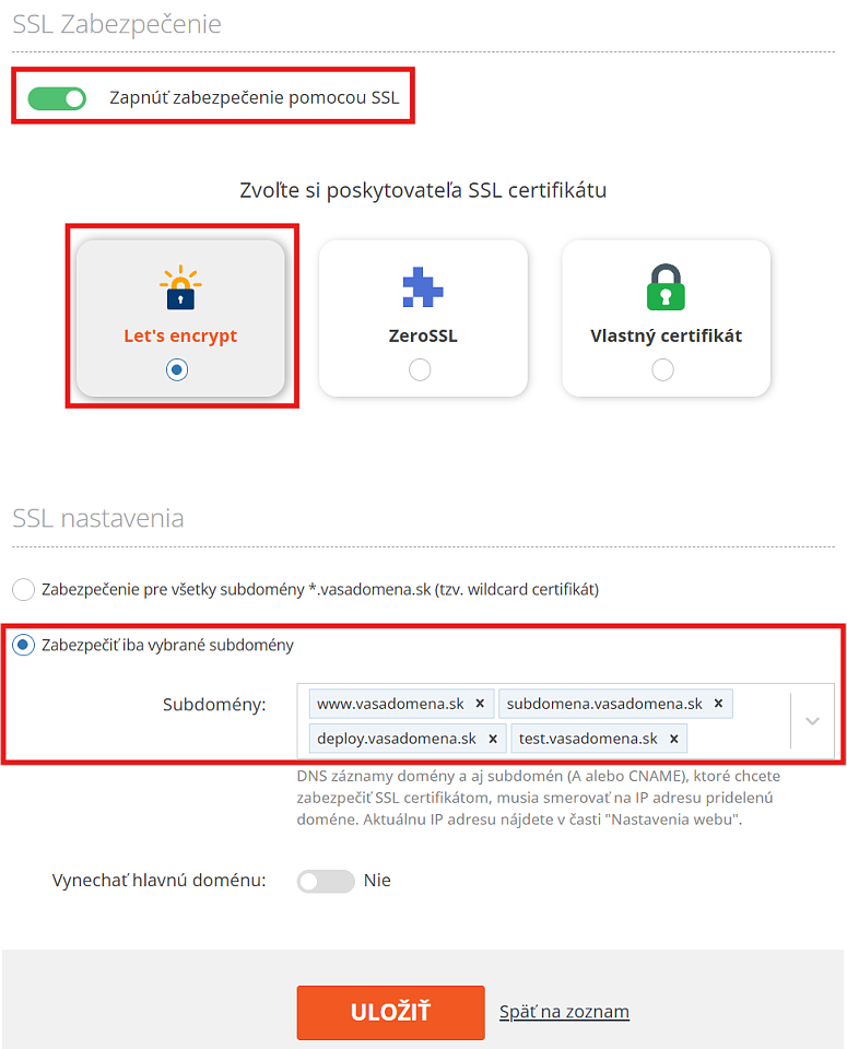 Automatický SSL certifikát Let's Encrypt pre vybrané subdomény